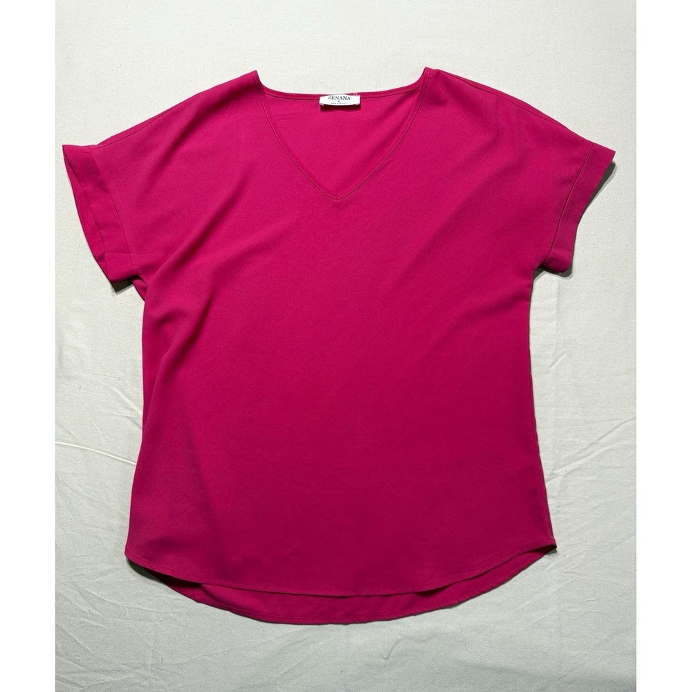 Zenana Women's Pink V-Neck Short Sleeve Knit Tee Relaxed Fit Size L